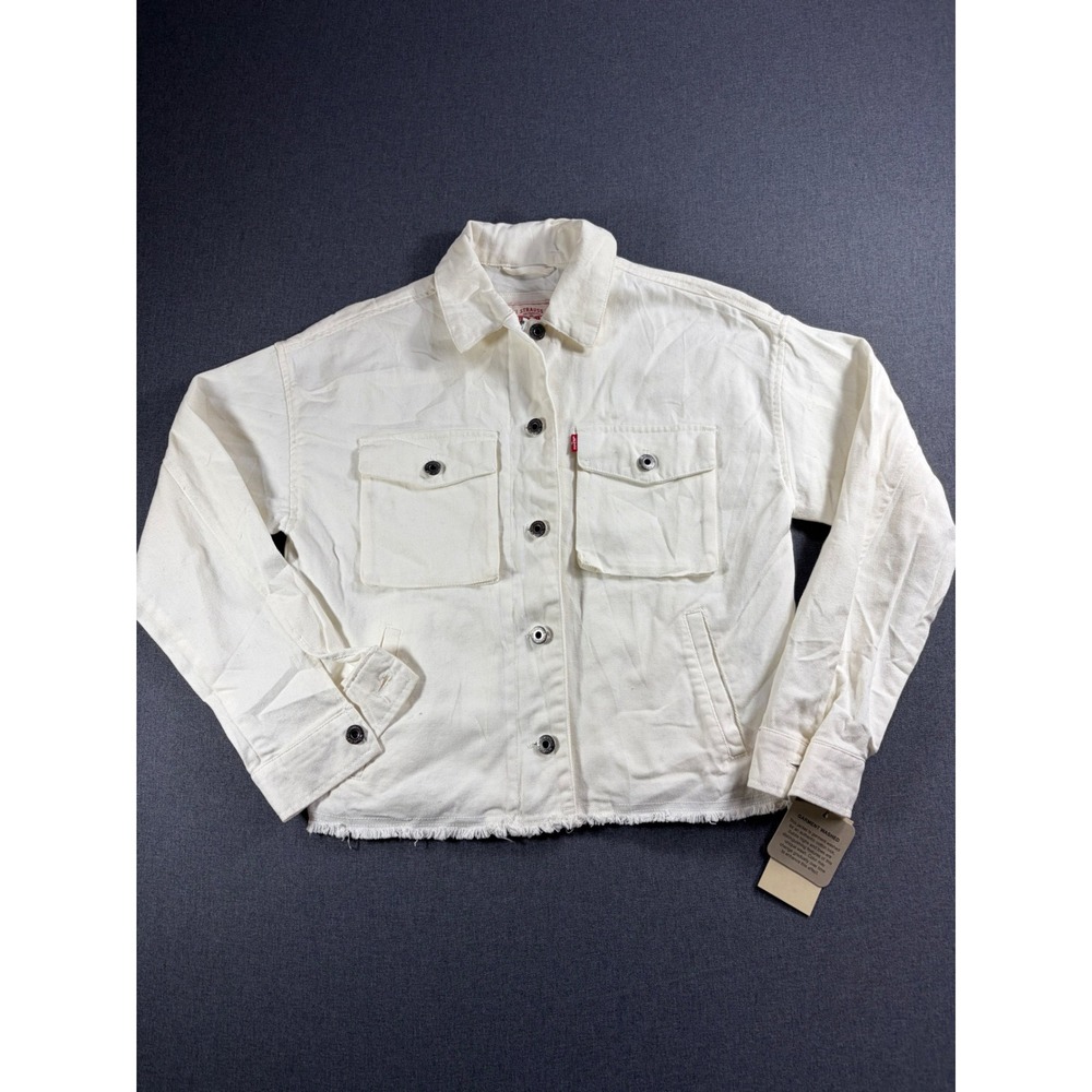 Levi Strauss Womens White Denim Trucker Jacket Zip Button Front Raw Hem XSmall